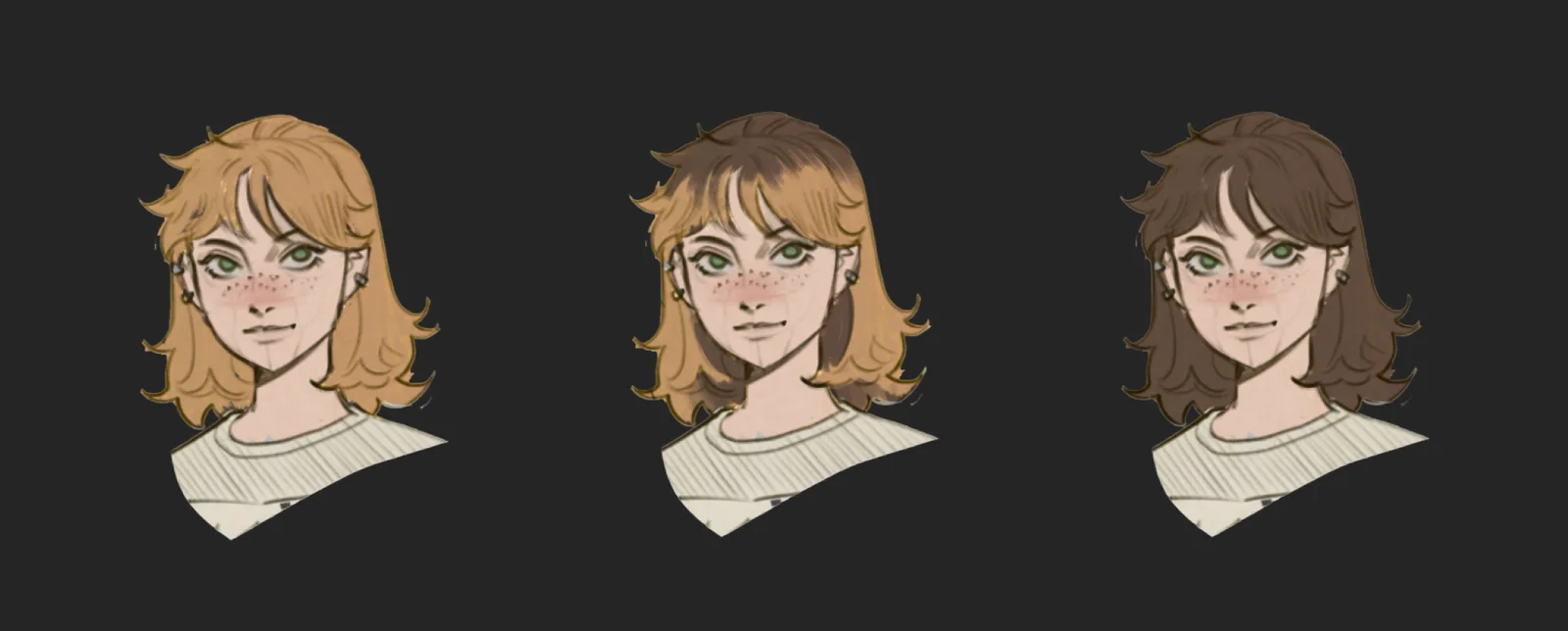Aria's dyed hair gradually fades to natural dark brown across the series.